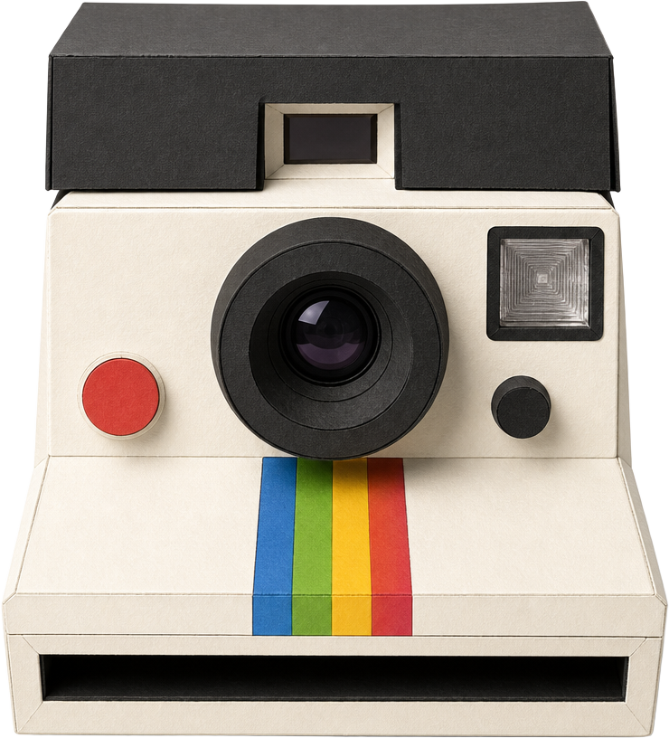 Handmade paper instant camera ejecting a photograph